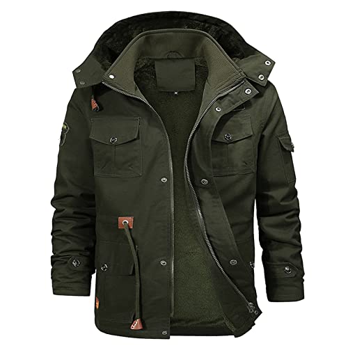 YEBIRAL Herren Warm Fleece Gefüttert Jacke Winterjacke Militär Jacke Übergangsjacke Stehkragen Fliegerjacke Winter Mantel Arbeitsjacke Multi Taschen Outdoorjacke mit Abnehmbarer Kapuze von YEBIRAL