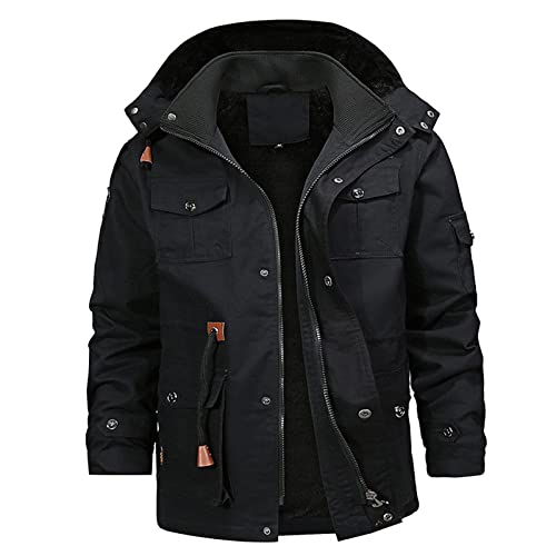 YEBIRAL Herren Warm Fleece Gefüttert Jacke Winterjacke Militär Jacke Übergangsjacke Stehkragen Fliegerjacke Winter Mantel Arbeitsjacke Multi Taschen Outdoorjacke mit Abnehmbarer Kapuze von YEBIRAL