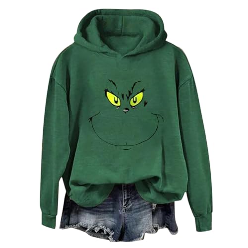 YEBIRAL Hoodie Damen Grün Grinch Pullover mit Kapuze Weihnachtspullover Langarm Oberteile Lustiger Christmas Pulli Casual Hooded Sweatshirt Tops Winter Herbst Weihnachts Kapuzenpullover von YEBIRAL