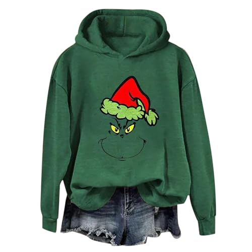 YEBIRAL Hoodie Damen Grün Grinch Pullover mit Kapuze Weihnachtspullover Langarm Oberteile Lustiger Christmas Pulli Casual Hooded Sweatshirt Tops Winter Herbst Weihnachts Kapuzenpullover von YEBIRAL