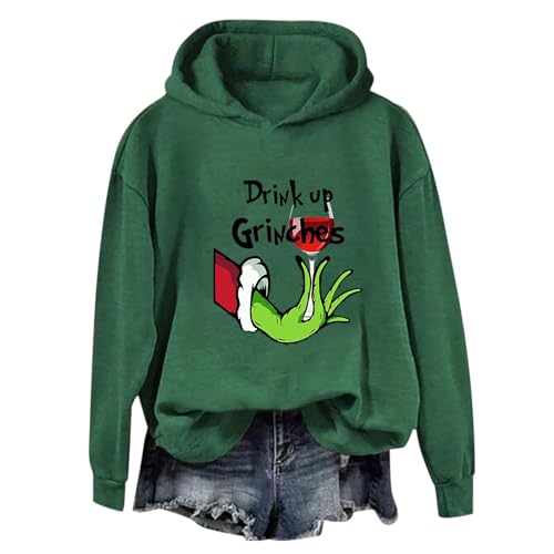 YEBIRAL Hoodie Damen Grün Grinch Pullover mit Kapuze Weihnachtspullover Langarm Oberteile Lustiger Christmas Pulli Casual Hooded Sweatshirt Tops Winter Herbst Weihnachts Kapuzenpullover von YEBIRAL