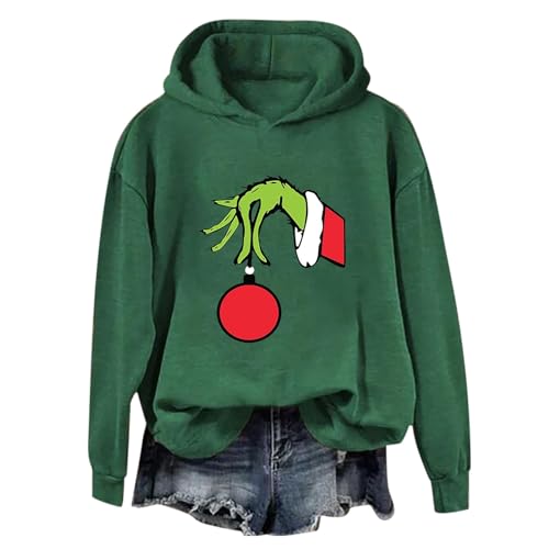 YEBIRAL Hoodie Damen Grün Grinch Pullover mit Kapuze Weihnachtspullover Langarm Oberteile Lustiger Christmas Pulli Casual Hooded Sweatshirt Tops Winter Herbst Weihnachts Kapuzenpullover von YEBIRAL