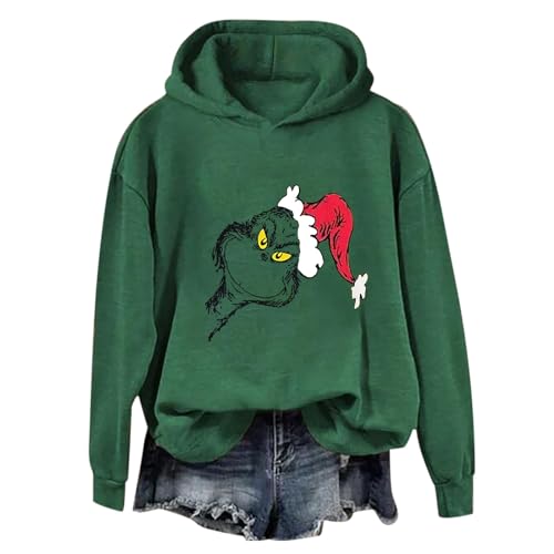 YEBIRAL Hoodie Damen Grün Grinch Pullover mit Kapuze Weihnachtspullover Langarm Oberteile Lustiger Christmas Pulli Casual Hooded Sweatshirt Tops Winter Herbst Weihnachts Kapuzenpullover von YEBIRAL