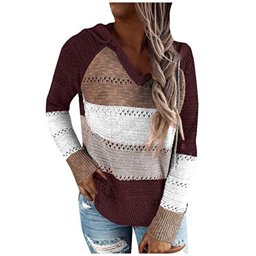 YEBIRAL Hoodie Damen Pullover Farbblock Casual Streifen Langarm Sweatshirt Pulli Strickpullover V-Ausschnitt Elegant Kapuzenpullover Sweatjacke Oberteile Sexy Tops von YEBIRAL