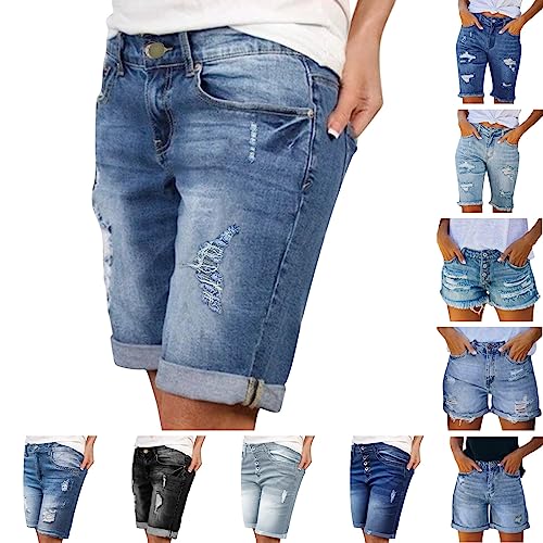 YEBIRAL Jeans Shorts Damen Sommer Kurze Hosen Bermuda Shorts Stretch Baumwolle Denim Shorts Ripped Jeansshorts Löchern Hotpants Frauen Casual Mittlere Taille Kurze Jeanshose mit Taschen von YEBIRAL