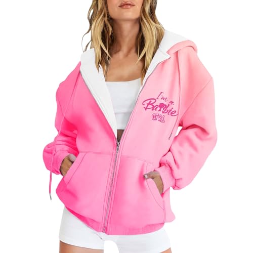 YEBIRAL Kapuzenjacke Damen Barbie Hoodie Sweatjacke mit Kapuze Oversize Tie Dye Langarm Pullover Sweatshirt Casual Oberteil Zipper Kapuzenpullover von YEBIRAL