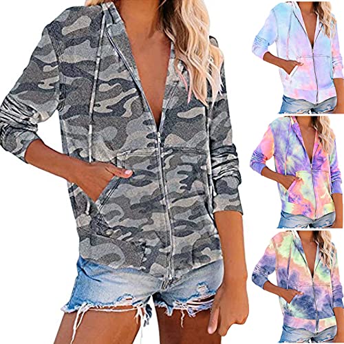 YEBIRAL Kapuzenjacke Damen Kapuzenpullover Sweatshirt Hoodie Casual Sweatjacke Full Zip Sweatshirt Jacke Kapuzenpulli Pullover mit Kapuze Taschen (Camouflage-01, L) von YEBIRAL