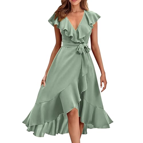 YEBIRAL Kleid Damen Elegant A Line Wickelkleid mit Gurtel Rüschenkleid Sexy V-Ausschnitt Partykleid Sommer Knielang Kleid A Linie Swing Maxikleider Einfarbig Leicht und Luftig Sommerkleid Kleider von YEBIRAL