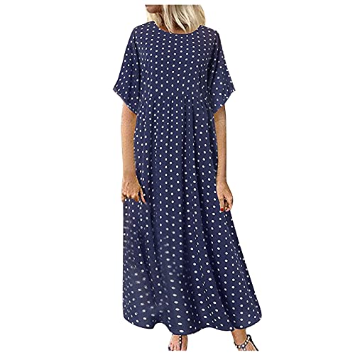 YEBIRAL Kleid Damen Große Größen Sommer Kurzarm Maxikleid mit Punkten Sommerkleid Casual Rundhals Maxi Dress Freizeitkleid Loose Lang Kleider Strandkleid XL-5XL (Blau, XXL) von YEBIRAL