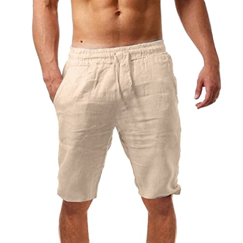 YEBIRAL Kurze Hosen Herren Leinen Shorts Casual Sommer Leinenhose Kurze Sommerhose Einfarbig Leicht Freizeithose Männer Strandhose Elastische Taille mit Taschen von YEBIRAL