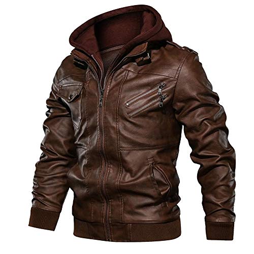 YEBIRAL Lederjacke Herren Jacke Mit Kapuze Vintage Kunstlederjacke Winddichte Bikerjacke Mode Bomberjacke Abnehmbare Hoodie Winterjacke Slim Fit von YEBIRAL