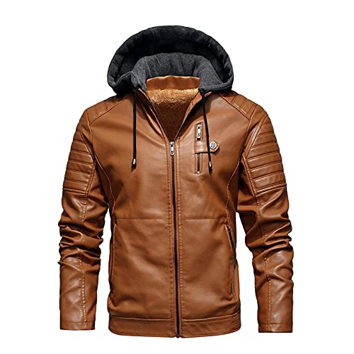 YEBIRAL Lederjacke Herren Kunstlederjacke Fleece Gefüttert Warme Winterjacke mit Abnehmbarer Kapuze Winter Übergangsjacke Bikerjacke Bomberjacke Blouson von YEBIRAL