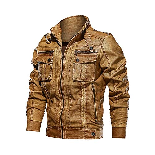 YEBIRAL Lederjacke Herren Vintage Biker Jacke Kunstlederjacke mit Multi Taschen Stehkragen Cargojacke Übergangsjacke von YEBIRAL