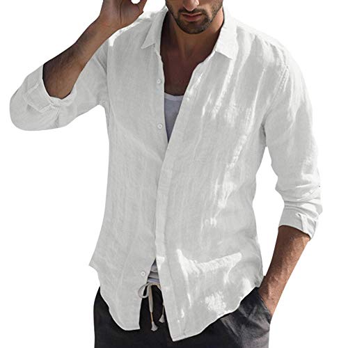 YEBIRAL Leinenhemd Herren Button-Down Langarm Sommerhemd Herren Hemd Regular Fit Freizeithemd Frühling Sommer Casual Lässig Bequem Atmungsaktives Leinen Shirt(L,Weiß) von YEBIRAL