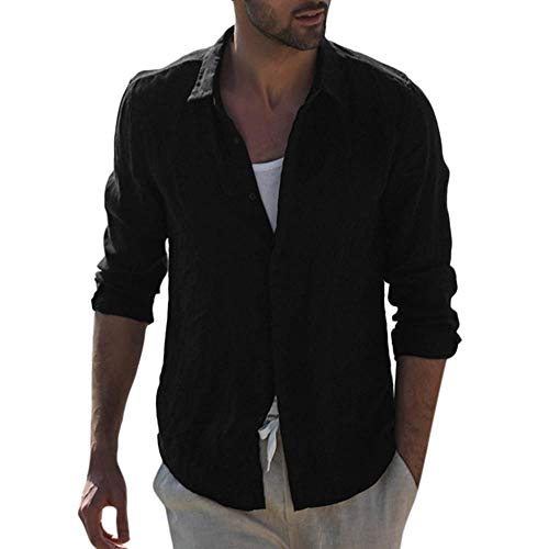 YEBIRAL Leinenhemd Herren Button-Down Langarm Sommerhemd Herren Hemd Regular Fit Freizeithemd Frühling Sommer Casual Lässig Bequem Atmungsaktives Leinen Shirt(M,Schwarz) von YEBIRAL