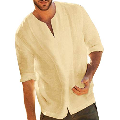 YEBIRAL Leinenhemd Herren Hemd Kurzarm 3/4 Lang Leinen Freizeithemden V-Ausschnitt Regular Fit Sommerhemd Frühling Lässig Bequem Atmungsaktiv Einfarbig Shirt(M,Khaki) von YEBIRAL