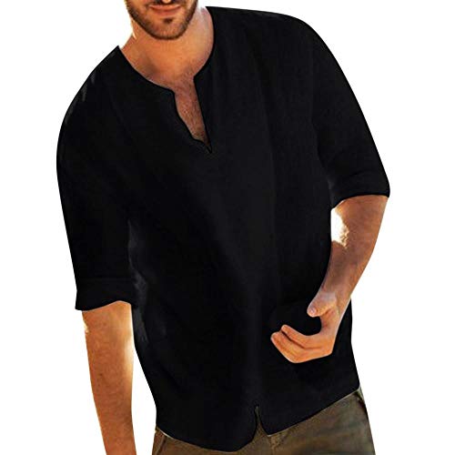 YEBIRAL Leinenhemd Herren Hemd Kurzarm 3/4 Lang Leinen Freizeithemden V-Ausschnitt Regular Fit Sommerhemd Frühling Lässig Bequem Atmungsaktiv Einfarbig Shirt(XXL,Schwarz) von YEBIRAL