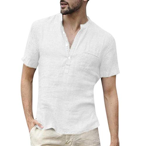 YEBIRAL Leinenhemd Herren Kurzarm Button Down Sommerhemd Freizeithemd leicht tailliert Baumwolle Leinen Hemd Herren Henley Shirt(S,Weiß) von YEBIRAL