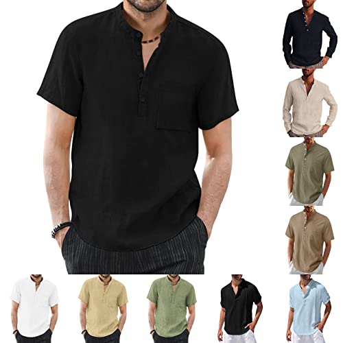 YEBIRAL Leinenhemd Herren Kurzarm Freizeithemd Baumwoll Leinen Hemd Lässige Strand Männer T-Shirts Tops Einfarbig Casual Sommer Henley Shirts mit Brusttasche von YEBIRAL