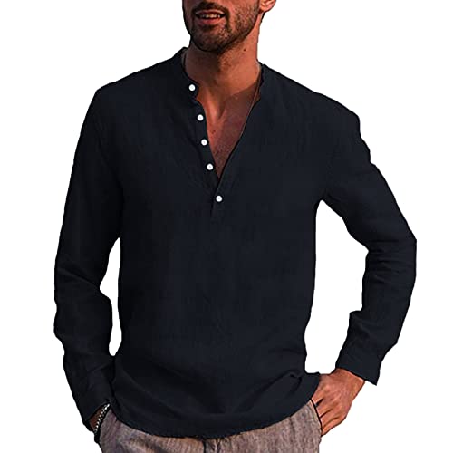 YEBIRAL Leinenhemd Herren Kurzarm Freizeithemd Baumwoll Leinen Hemd Lässige Strand Männer T-Shirts Tops Einfarbig Casual Sommer Henley Shirts mit Brusttasche von YEBIRAL