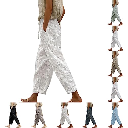 YEBIRAL Leinenhose Damen Sommerhose Leichte 7/8 Hosen Sommer Casual High Waist Palazzohose Elastische Taille Freizeithose Lang Stoffhose Bequeme Strandhose Yogahose mit Taschen Kordelzug von YEBIRAL