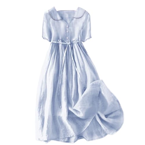 YEBIRAL Leinenkleid Damen Sommer Shirtkleid mit Knopfleiste Vorne Vintage Leinen Kleid A Linie Freizeitkleid Kurzarm Maxikleider Lässig Hemdkleid Blusenkleid Tunika Kleid mit Schnürung (Blau, M) von YEBIRAL
