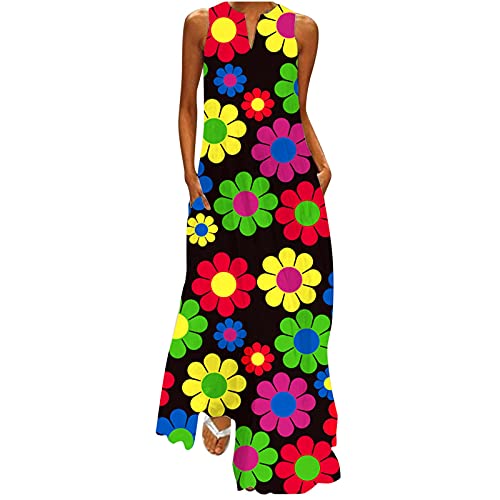 YEBIRAL Maxikleider Damen Lang Blumenkleid mit Taschen Casual Ärmellos Sommerkleid Boho Strandkleid V-Ausschnitt Freizeitkleid Maxi Dress Blumen Drucken Kleid (Bunt 01, L) von YEBIRAL
