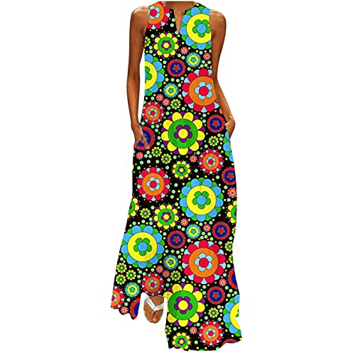 YEBIRAL Maxikleider Damen Lang Blumenkleid mit Taschen Casual Ärmellos Sommerkleid Boho Strandkleid V-Ausschnitt Freizeitkleid Maxi Dress Blumen Drucken Kleid (Bunt 02, XL) von YEBIRAL