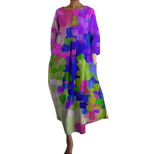 YEBIRAL Meine bestellungen Sommerkleid Damen Knielang Mode Drucken Maxikleid Kleider Mit Tasche LäSsig Lose Fit Crewneck Lange Strandkleid Leichte 3/4 Angebote des Tages Heute Damen von YEBIRAL