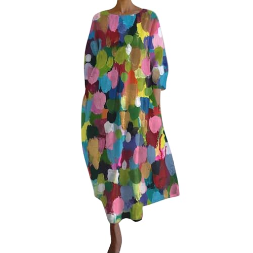 YEBIRAL Meine bestellungen anzeigen 2024 Sommerkleid Damen Knielang Mode Drucken Maxikleid Kleider Mit Tasche LäSsig Lose Fit Crewneck Lange Strandkleid Leichte 3/4 Meine bestellungen anzeigen von YEBIRAL