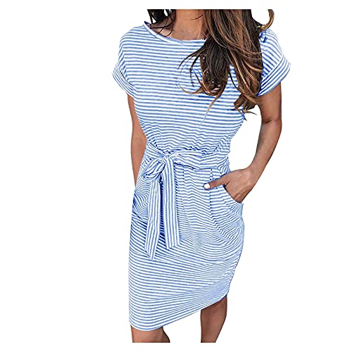 YEBIRAL Midikleid Damen Sommer Sommerkleid Damen Knielang Kurzarm Gestreift Blusenkleid Elegant Rundhalsausschnitt Midikleid Casual Wickelkleid Strandkleid Maxikleider Damen Sommer von YEBIRAL