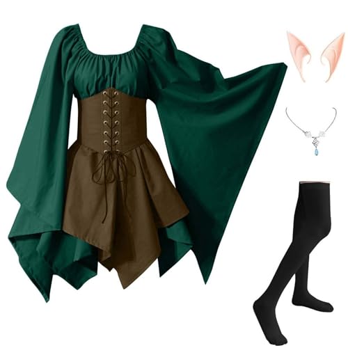 YEBIRAL Mittelalter Kleid schwarz samt Mittelalter Kleidung Damen Traditionelles Renaissance Gothic Kleid Kostüm Steampunk Karneval Halloween Kostüm mit Elfenohren Kleidung Damen kurz arm von YEBIRAL