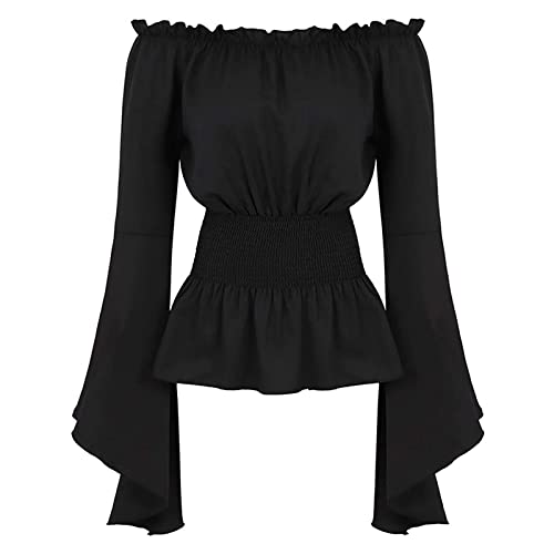 YEBIRAL Mittelalter Kleidung Damen Gothic Bluse Vintage Renaissance Trompetenärmel Elegant Carmenbluse Tops Spitzen Shirt Schulterfrei Oberteil von YEBIRAL