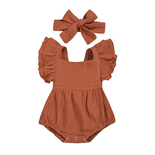 YEBIRAL Neugeborene Baby Mädchen Sommer Strampler Body Spielanzug Baumwolle Rüschen Einteiler Jumpsuit Shorts + Stirnband von YEBIRAL