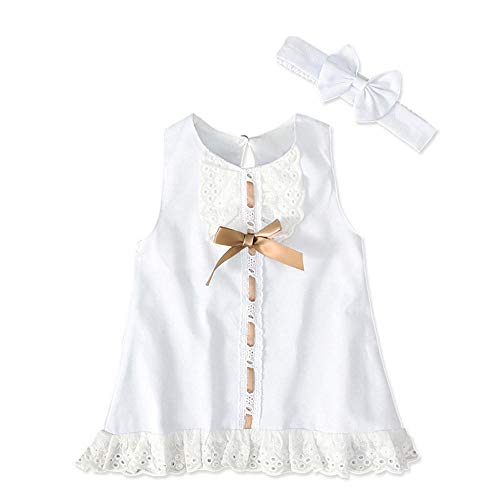 YEBIRAL Neugeborenes Baby Mädchen Babykleidung Weiß Outfits Ärmellos Kleider Hochzeit Spitzenkleid mit Bowknot Kopfschmuck von YEBIRAL