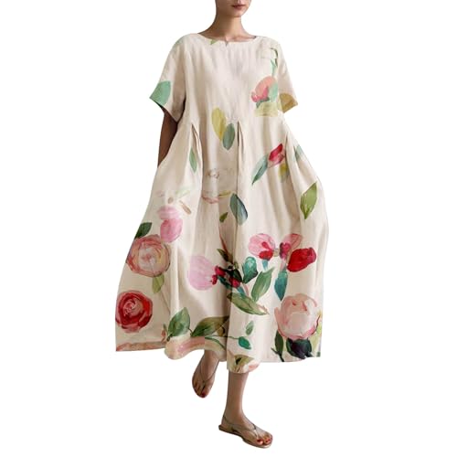 YEBIRAL Outlet Angebote Must Have Kleider Damen Sommerr Lässiges, lockeres Kleid für Damen im Retro-Stil mit botanischem Blumenmuster und Sommerkleid Midi Meine bestellungen anzeigen 2024 von YEBIRAL