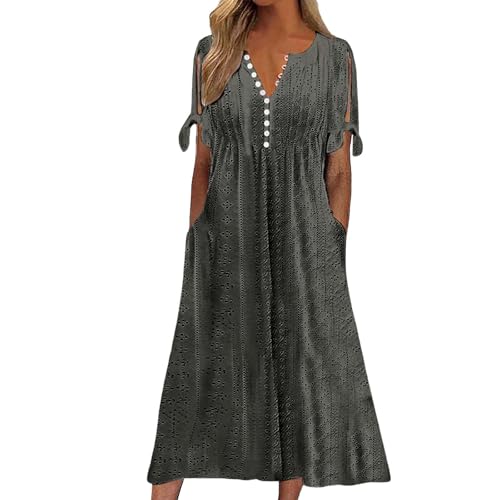 YEBIRAL Outlet Angebote Must Have Sommerkleid Damen Mit Taschen BohèMe Jacquard Midikleid Mode Ausschnitt Kurze ÄRmel Strandkleider Knopf Unten V-Ausschnitt retourenkauf Angebote von YEBIRAL
