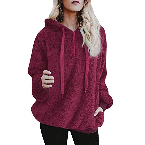 YEBIRAL Oversize Damen Herbst Winter Kapuzenpullover Frauen Mode Bequem Casual Hoodie Pullover Teddy-Fleece Langarmshirt Sweatshirt Mit Kordel und Taschen (Rotwein, S) von YEBIRAL