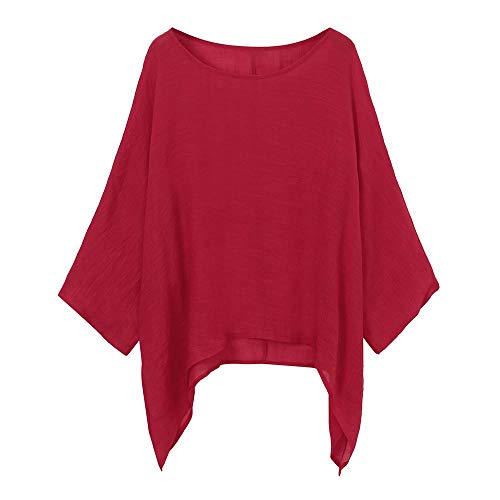 YEBIRAL Plus Größe Damen Herbst Frühling Sommer Elegante Langarm Shirt Baumwolle Leinen Lässige Täglichen Strand Urlaub Lose Tunika Tops T-Shirt Bluse(XXXXXL,Rot) von YEBIRAL