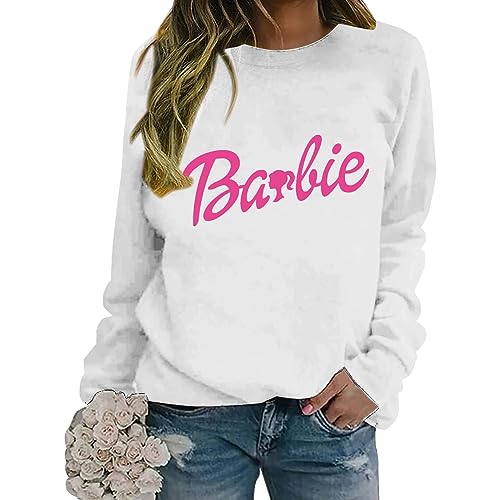 YEBIRAL Pullover Damen Barbie Brief Sweatshirt Langarm Rundhals Pulli Frauen Mode Herbst Winter Locker Casual Oberteile mit Buchstaben Druck Sport Streetwear ohne Kapuze Bluse Tops von YEBIRAL