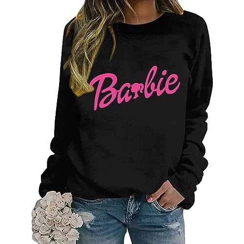 YEBIRAL Pullover Damen Barbie Brief Sweatshirt Langarm Rundhals Pulli Frauen Mode Herbst Winter Locker Casual Oberteile mit Buchstaben Druck Sport Streetwear ohne Kapuze Bluse Tops von YEBIRAL