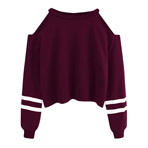 YEBIRAL Pullover Damen Bauchfrei, Teenager Mädchen Gestreifte Pulli Langarmshirt Schulterfrei Kurz Crop Tops Oberteile Shirt Sweatshirt (Violett, L) von YEBIRAL