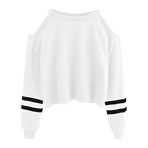 YEBIRAL Pullover Damen Bauchfrei, Teenager Mädchen Gestreifte Pulli Langarmshirt Schulterfrei Kurz Crop Tops Oberteile Shirt Sweatshirt (Weiß, S) von YEBIRAL