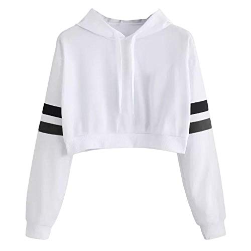 YEBIRAL Pullover Damen Bauchfrei, Teenager Mädchen Sweatjacke Streifen Sport Crop Tops Hoodie Sweatshirt Kapuzenpullover(M,Weiß) von YEBIRAL