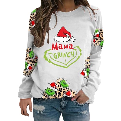 YEBIRAL Pullover Damen Grinch Sweatshirt Oversize Lustige Graphic Brief Drucken Langarm Weihnachtspullover Herbst Winter Bluse Tops Pulli Oberteile von YEBIRAL