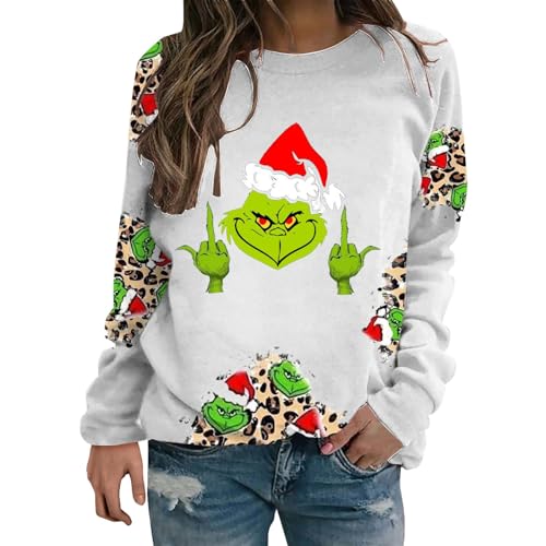 YEBIRAL Pullover Damen Grinch Sweatshirt Oversize Lustige Graphic Brief Drucken Langarm Weihnachtspullover Herbst Winter Bluse Tops Pulli Oberteile von YEBIRAL