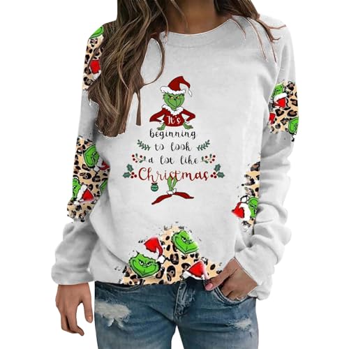 YEBIRAL Pullover Damen Grinch Sweatshirt Oversize Lustige Graphic Brief Drucken Langarm Weihnachtspullover Herbst Winter Bluse Tops Pulli Oberteile von YEBIRAL