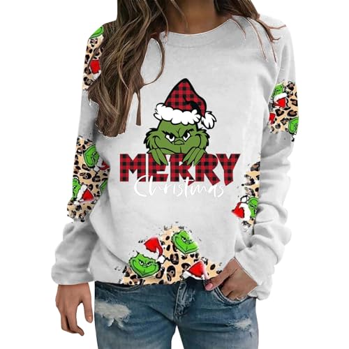 YEBIRAL Pullover Damen Grinch Sweatshirt Oversize Lustige Graphic Brief Drucken Langarm Weihnachtspullover Herbst Winter Bluse Tops Pulli Oberteile von YEBIRAL