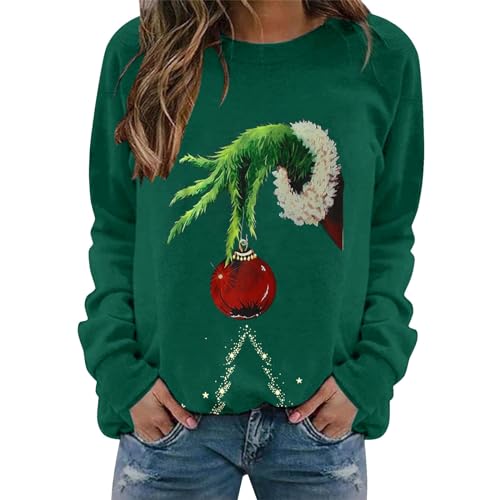 YEBIRAL Pullover Damen Grinch Weihnachtspullover Rundhals Sweatshirt Casual Langarm Oberteile Lustige Weihnachten Tops Langarmshirt Basic Drucken Tunika Christmas Pulli ohne Kapuze Shirts von YEBIRAL