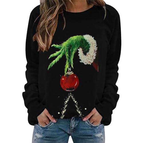 YEBIRAL Pullover Damen Grinch Weihnachtspullover Rundhals Sweatshirt Casual Langarm Oberteile Lustige Weihnachten Tops Langarmshirt Basic Drucken Tunika Christmas Pulli ohne Kapuze Shirts von YEBIRAL